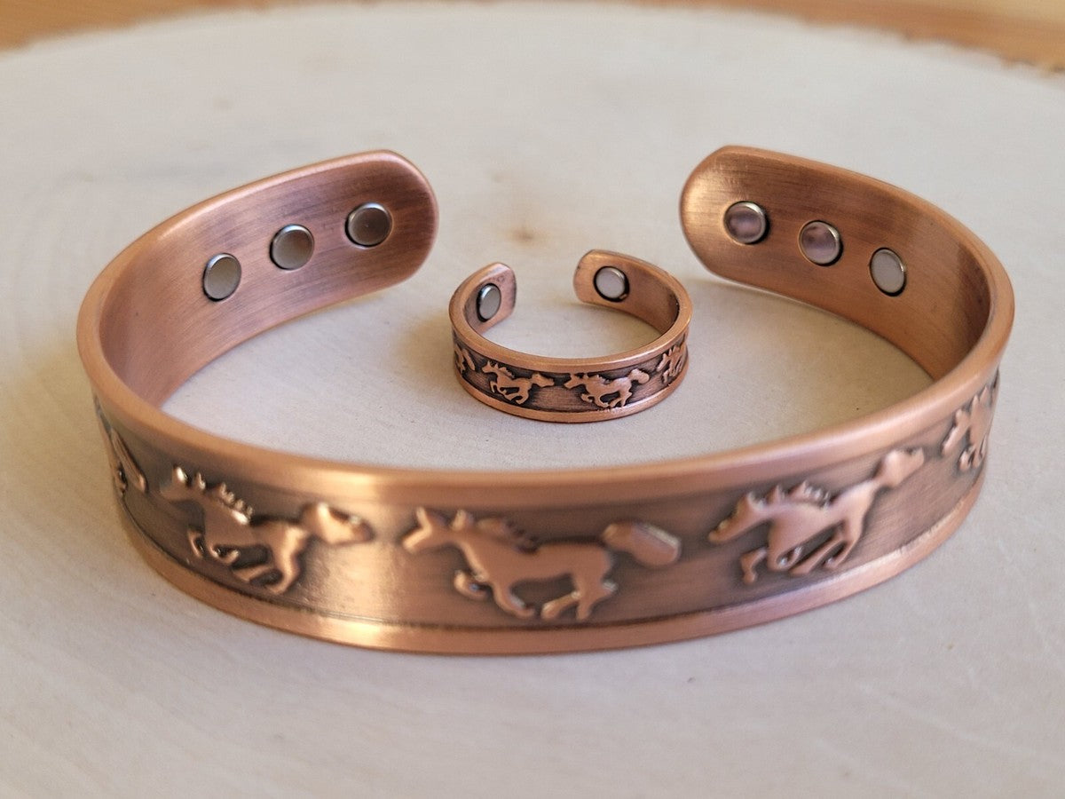 Adjustable Ultra Strength Pure Copper Magnetic Bracelet & Ring Set  (99.99% Copper) Embossed Running Horse Design