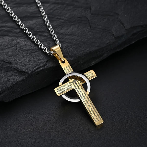 Stainless Steel Christian Cross Necklace- “Our Father” Prayer Engraved