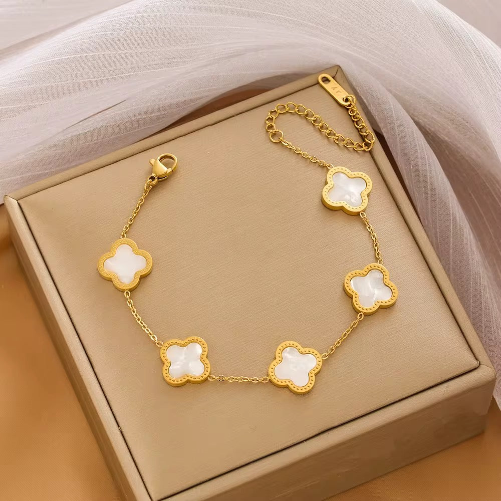 High Quality Stainless Steel Van Cleef Inspired Clover 3pc Set (Pearl White)