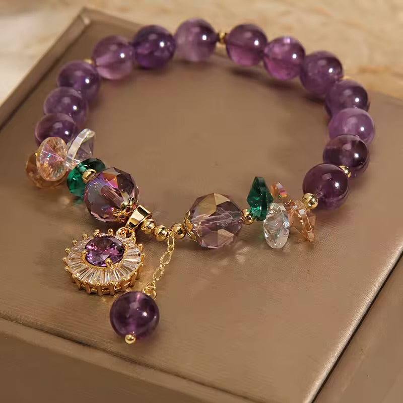 Natural Amethyst Zircon Flower Charm Bracelet (8MM Beads)