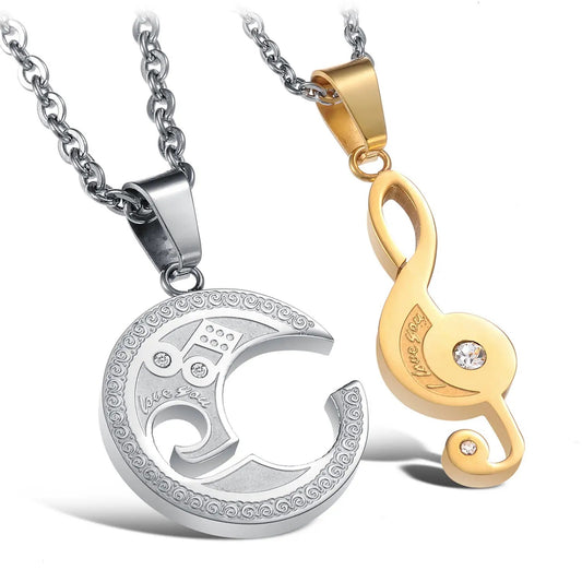 Stainless Steel Couples Music Note Distance Puzzle Necklace