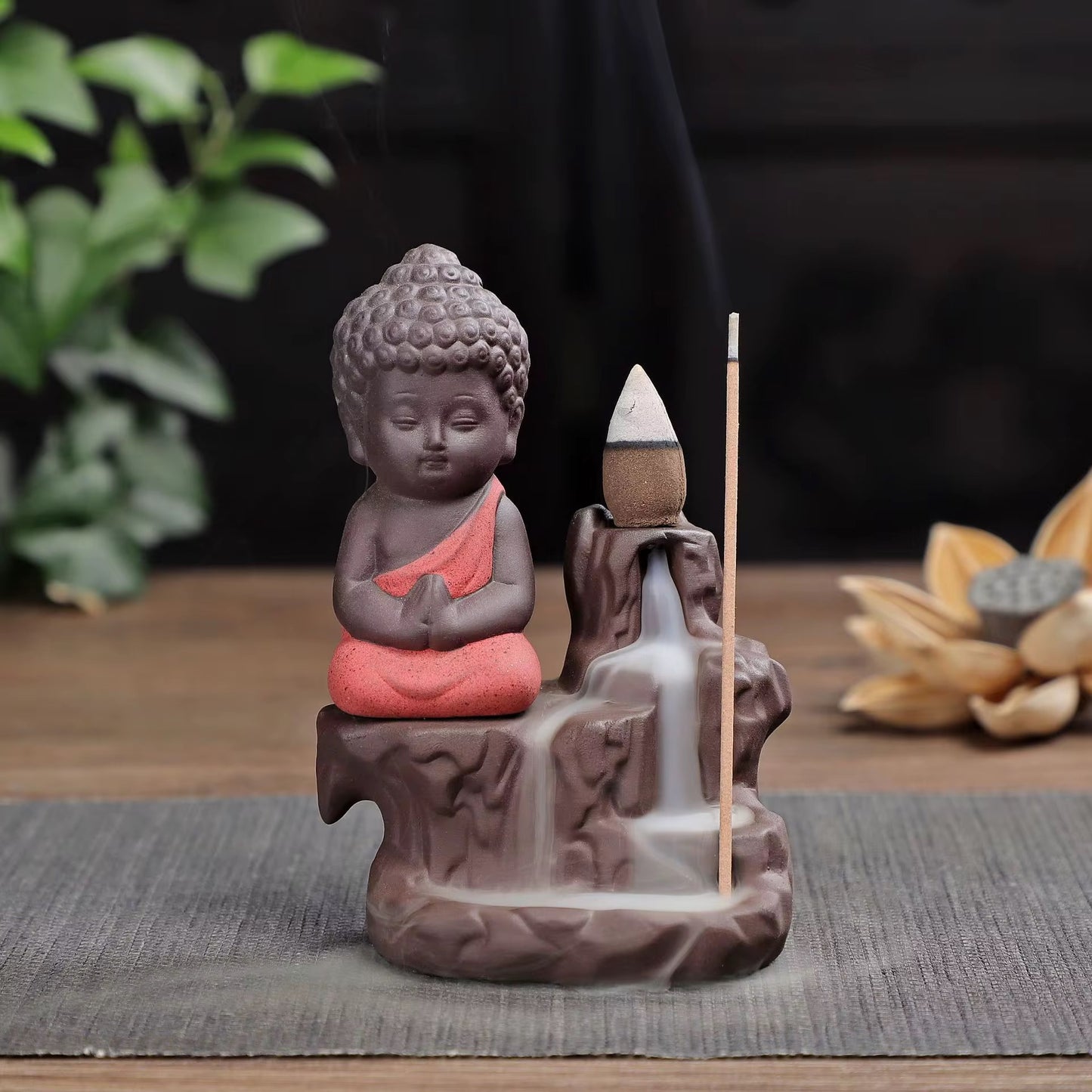 Ceramic Mini Buddha Designed Back-Flow Incense Holder + 10 Free Incense Cones