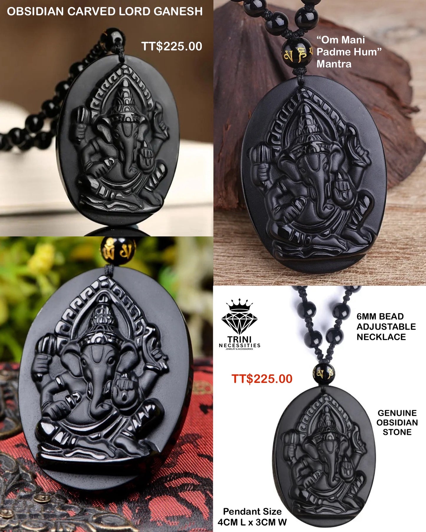 Lord Ganesh Obsidian Necklace