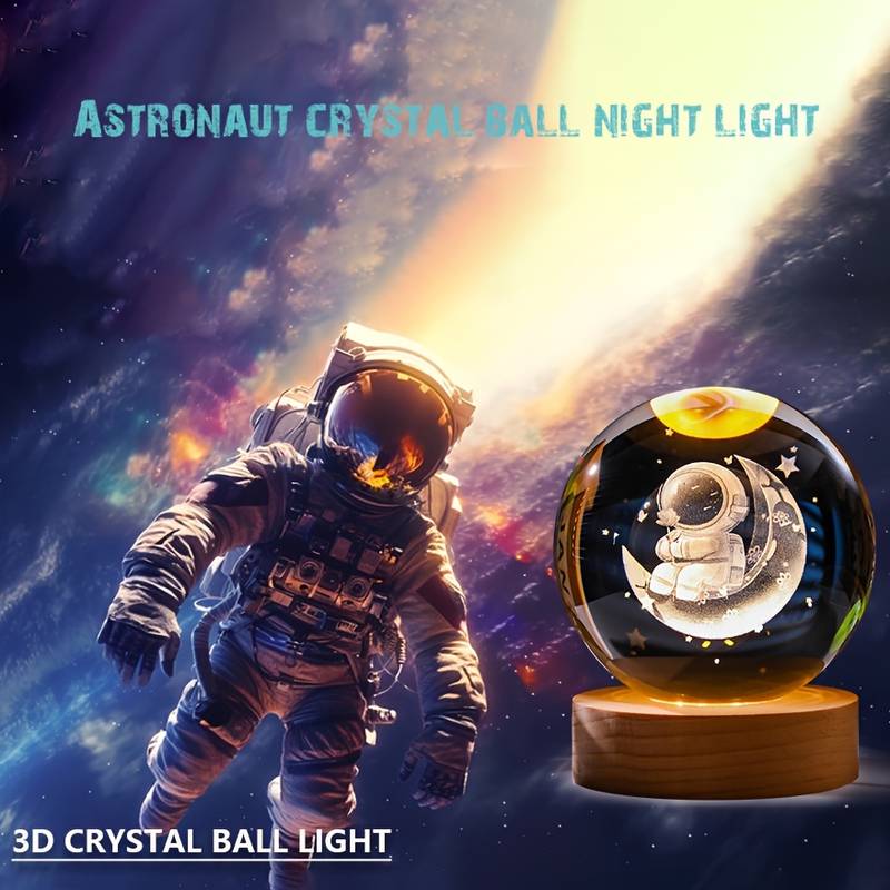 3D Laser Engraved 8cm Glass Crystal Ball Lamp Universe Astronomy Decor (Astronaut on the Moon)