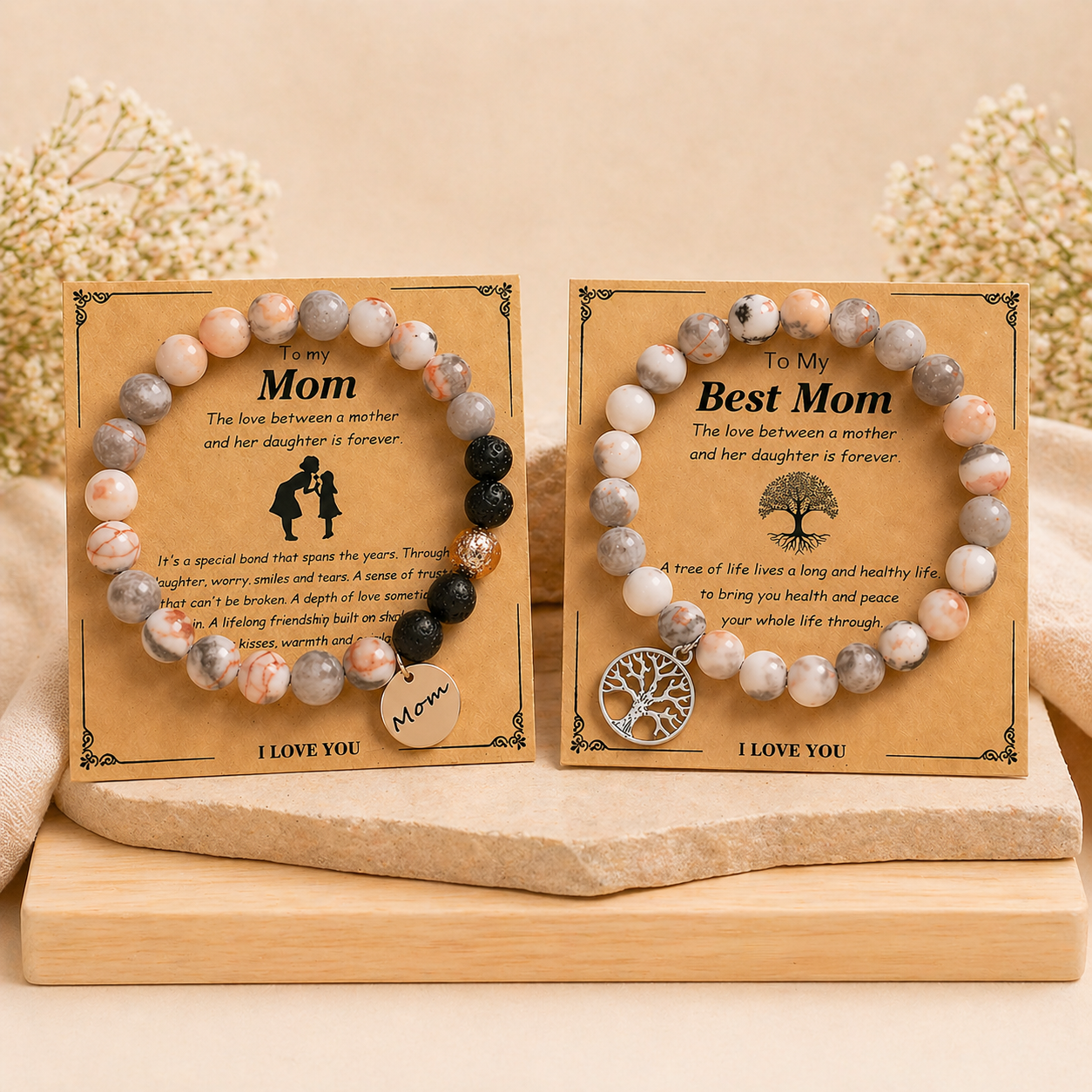 Natural Stone Pink Banded Agate Mother & Daughter Love Bond Bracelet With Gift Card