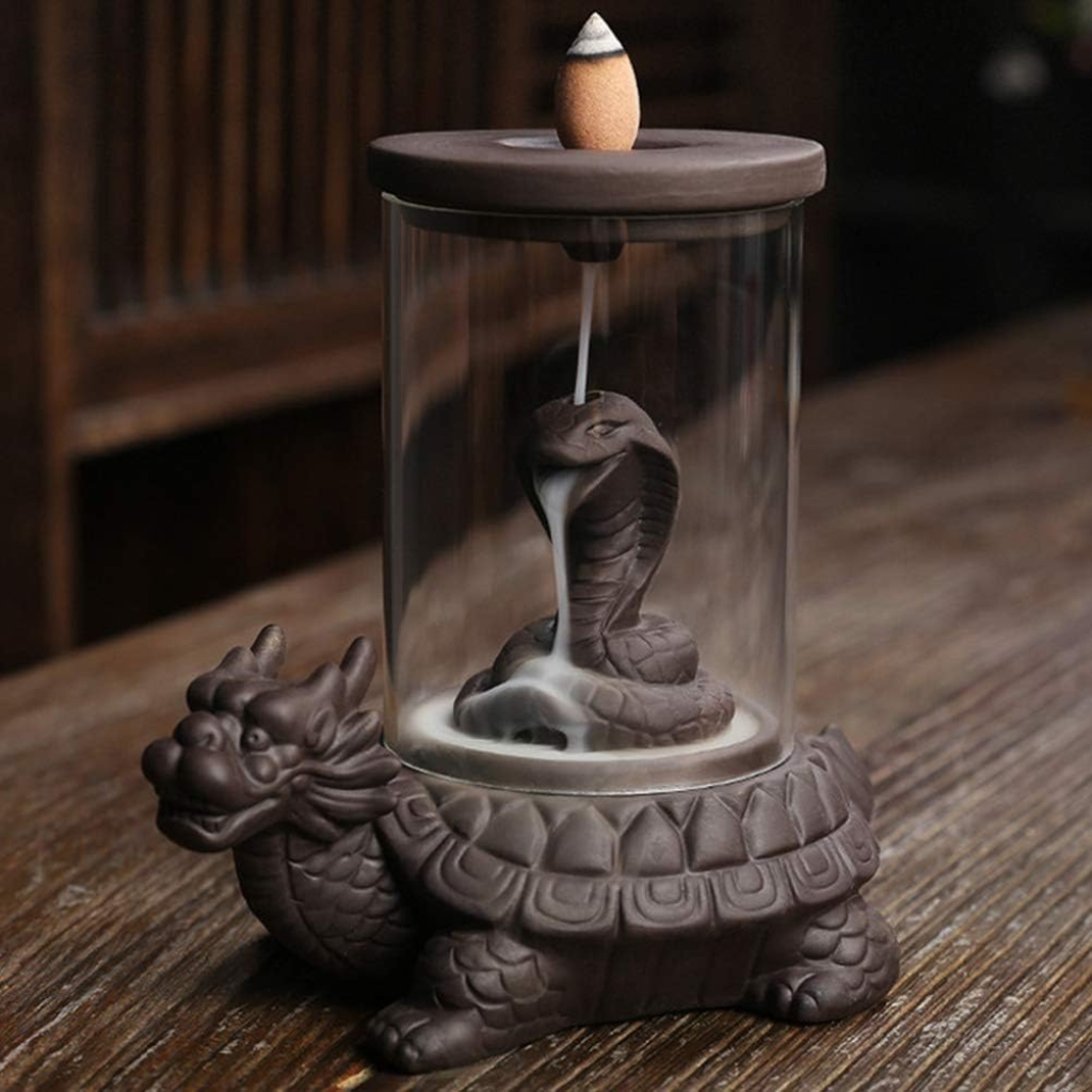 Cobra Snake on Turtle Incense Holder + 10 Free Back-Flow Incense Cones.