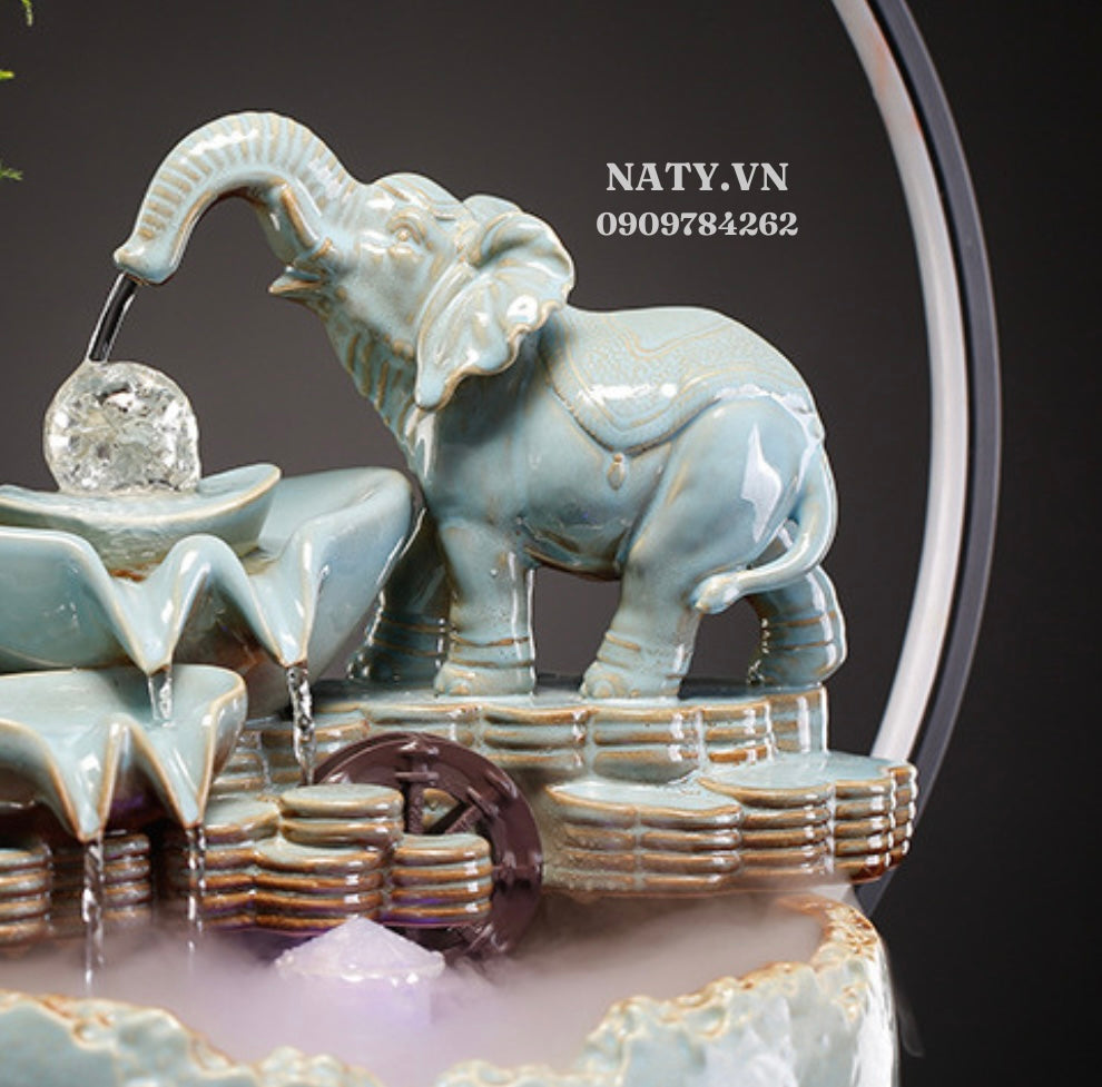 Feng Shui Elephant Crystal Ball Back-Flow Incense Holder & Waterfall Mist Maker with Ring Light Ornamental Set