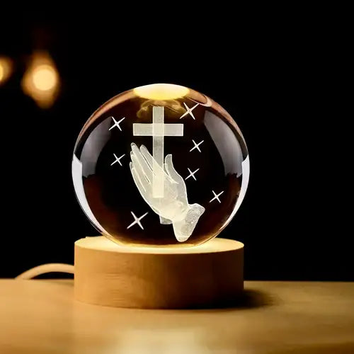 3D Laser Engraved 8cm Glass Crystal Ball Lamp (Christian Prayer Cross)