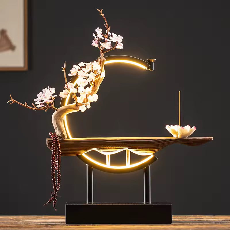 Buddha Back-Flow Incense Holder with Cherry Blossom Floral & Ring Light Ornamental Set