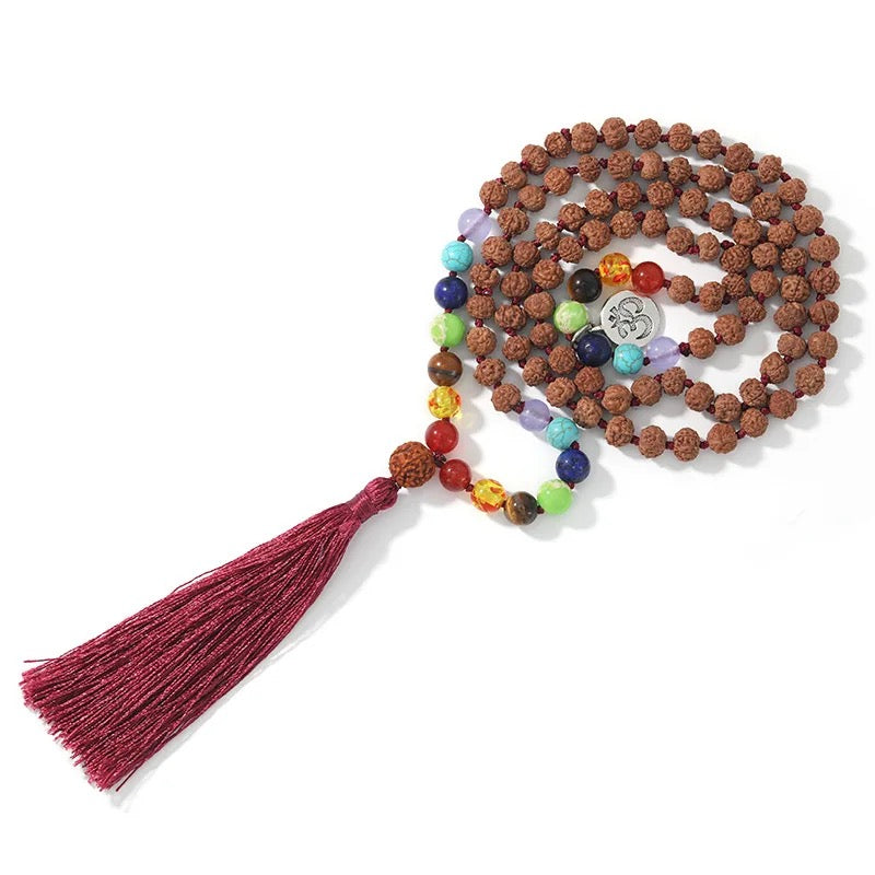 108 Beads Rudraksha 7 Chakra Mala Prayer Necklace + OM Charm