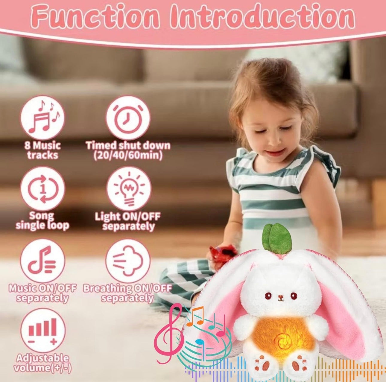 Strawberry Bunny Breathing Plush with Soothing Baby Music