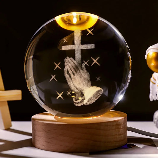 3D Laser Engraved 8cm Glass Crystal Ball Lamp (Christian Prayer Cross)