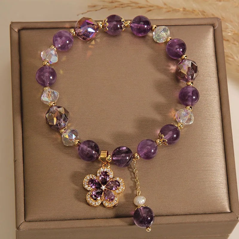 Natural Amethyst Zircon Charm Bracelet (10mm Beads)