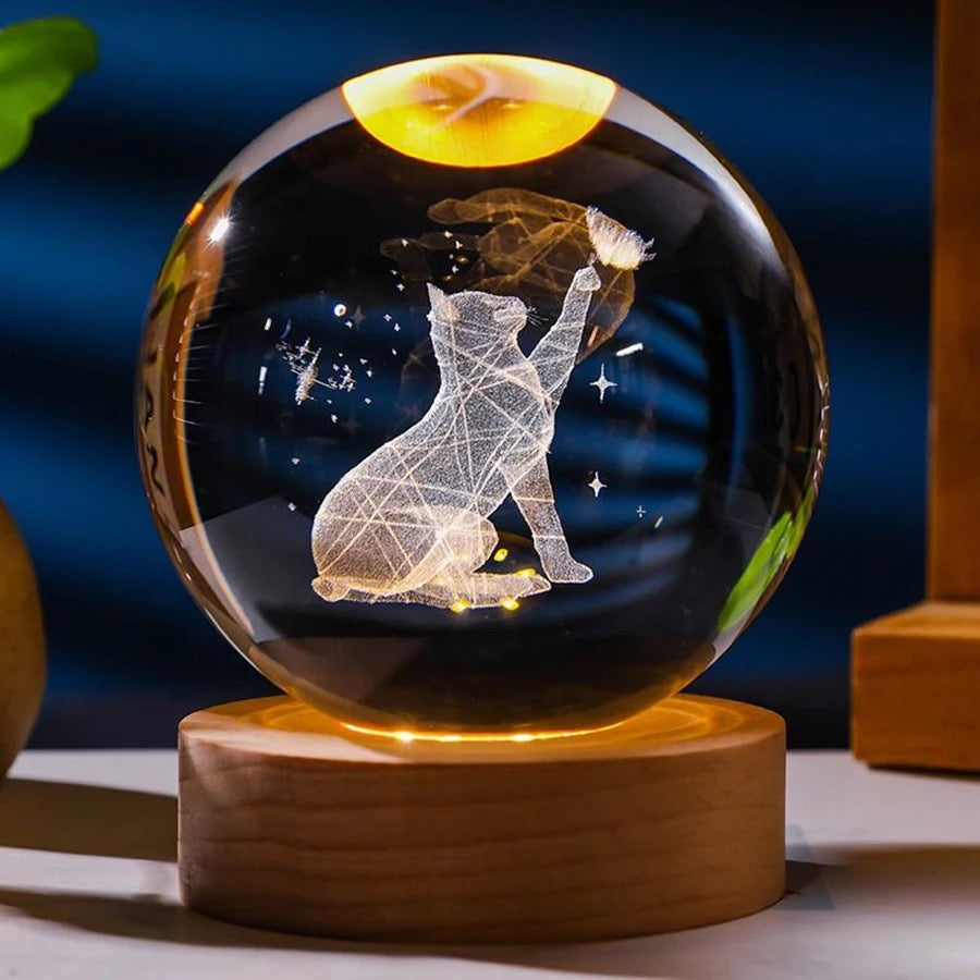 3D Laser Engraved 8cm Glass Crystal Ball Lamp (Cat Playing with Butterfly)