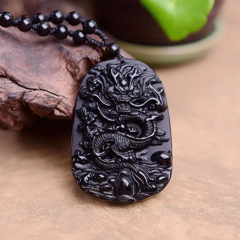 Dragon Carved Obsidian Stone Adjustable Necklace