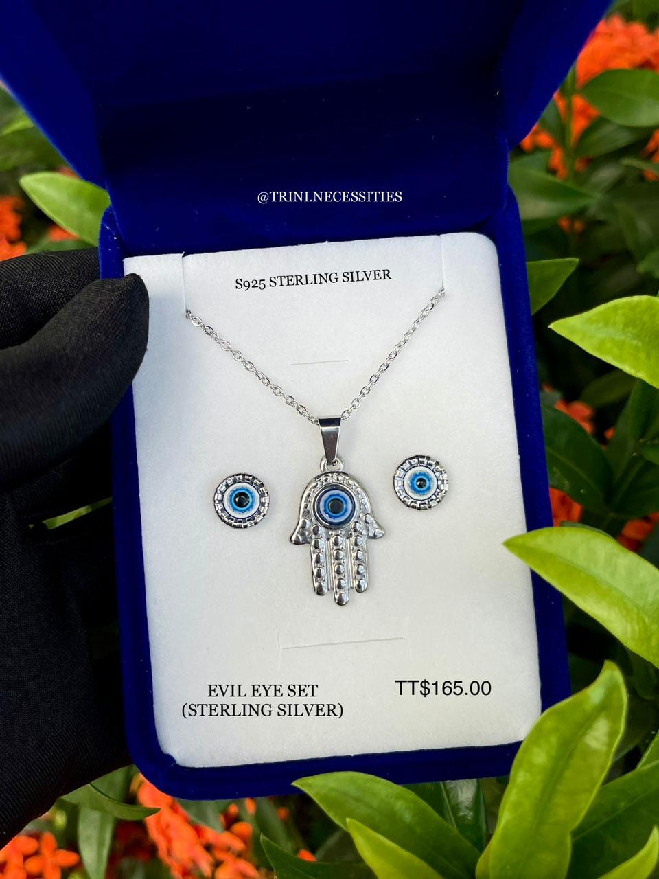 Sterling Silver Evil Eye Hamsa Set (Necklace & Earrings)