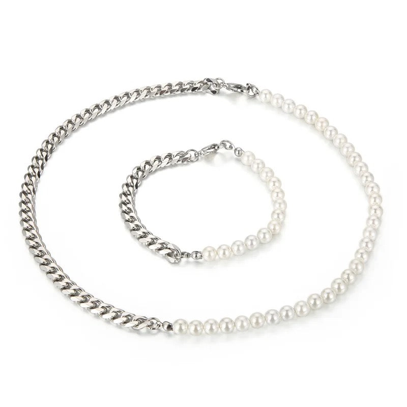 Stainless Steel Pearl Design Necklace & Bracelet 2pc Set