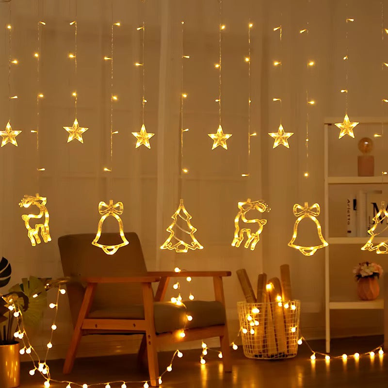 Decorative LED Curtain String Lights – Christmas Tree, Bells, Stars & Reindeer Design | RGB & Warm Yellow