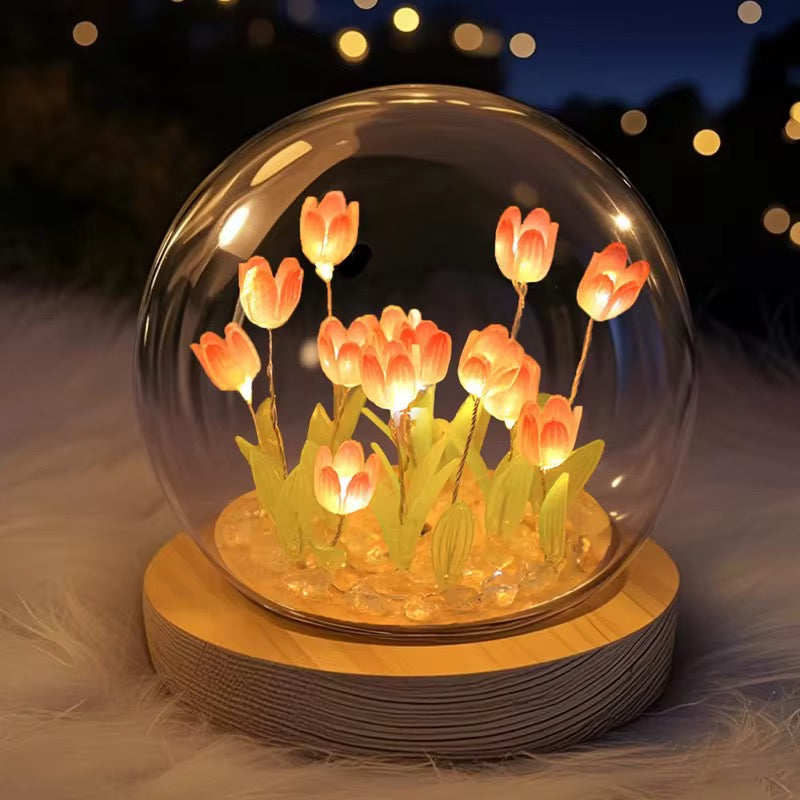 Romantic Tulip Lamp With Wooden Base & Glass Dome - Battery Powered