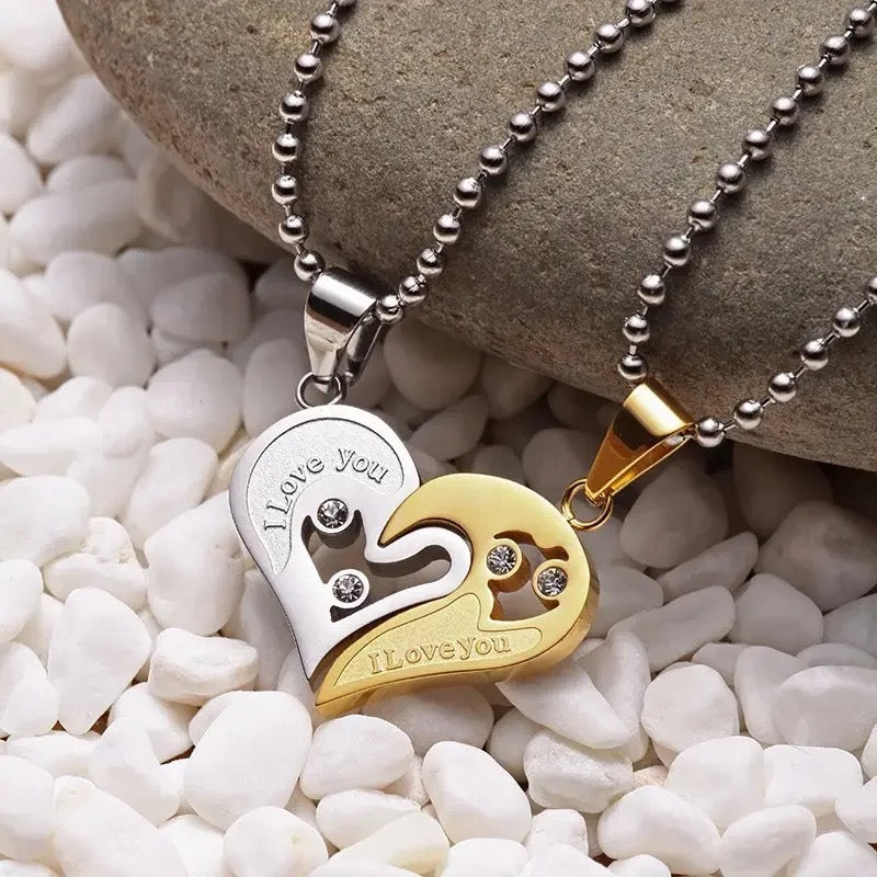 Stainless Steel “I Love You” Couples Distance Heart Necklace 2pc