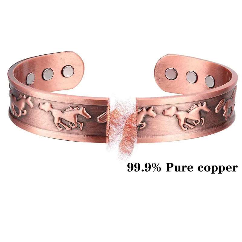 Adjustable Ultra Strength Pure Copper Magnetic Bracelet & Ring Set  (99.99% Copper) Embossed Running Horse Design