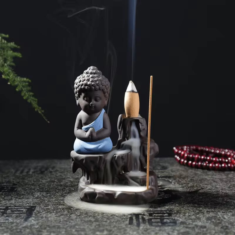 Ceramic Mini Buddha Designed Back-Flow Incense Holder + 10 Free Incense Cones