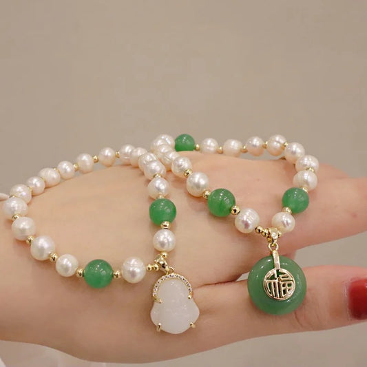 Chinese Style Fresh Water Pearl Lucky Jade Bracelets