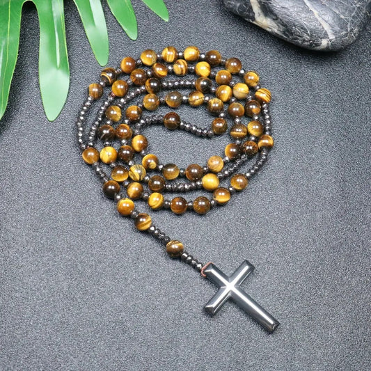 Tiger Eye Bead Rosary Christian Prayer Necklace (8mm)