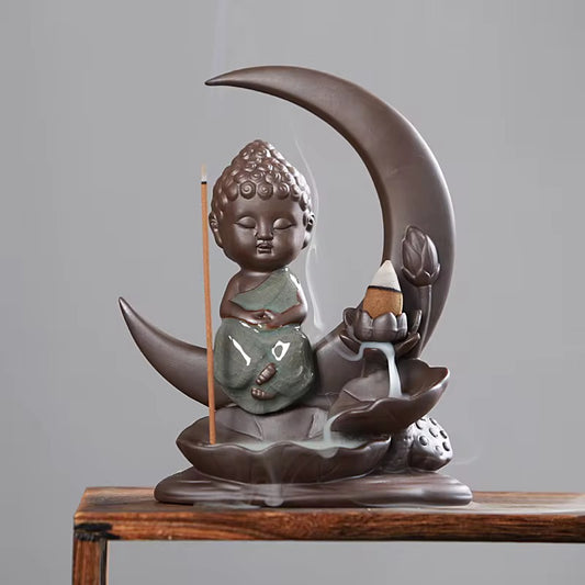 Ceramic Buddha Designed Back-Flow Incense Holder + 10 Free Incense Cones