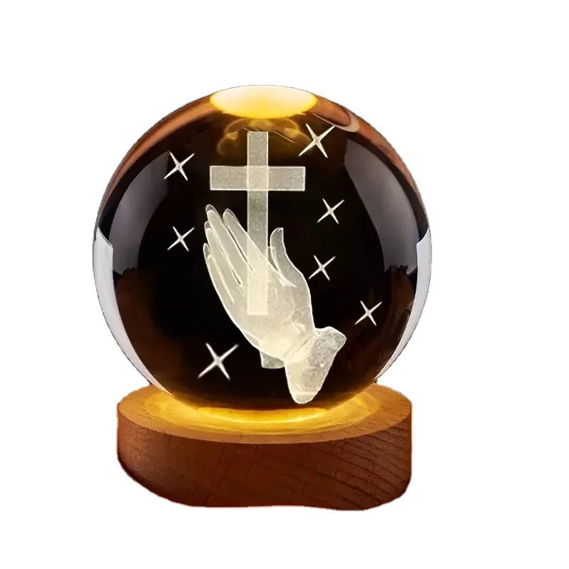 3D Laser Engraved 8cm Glass Crystal Ball Lamp (Christian Prayer Cross)