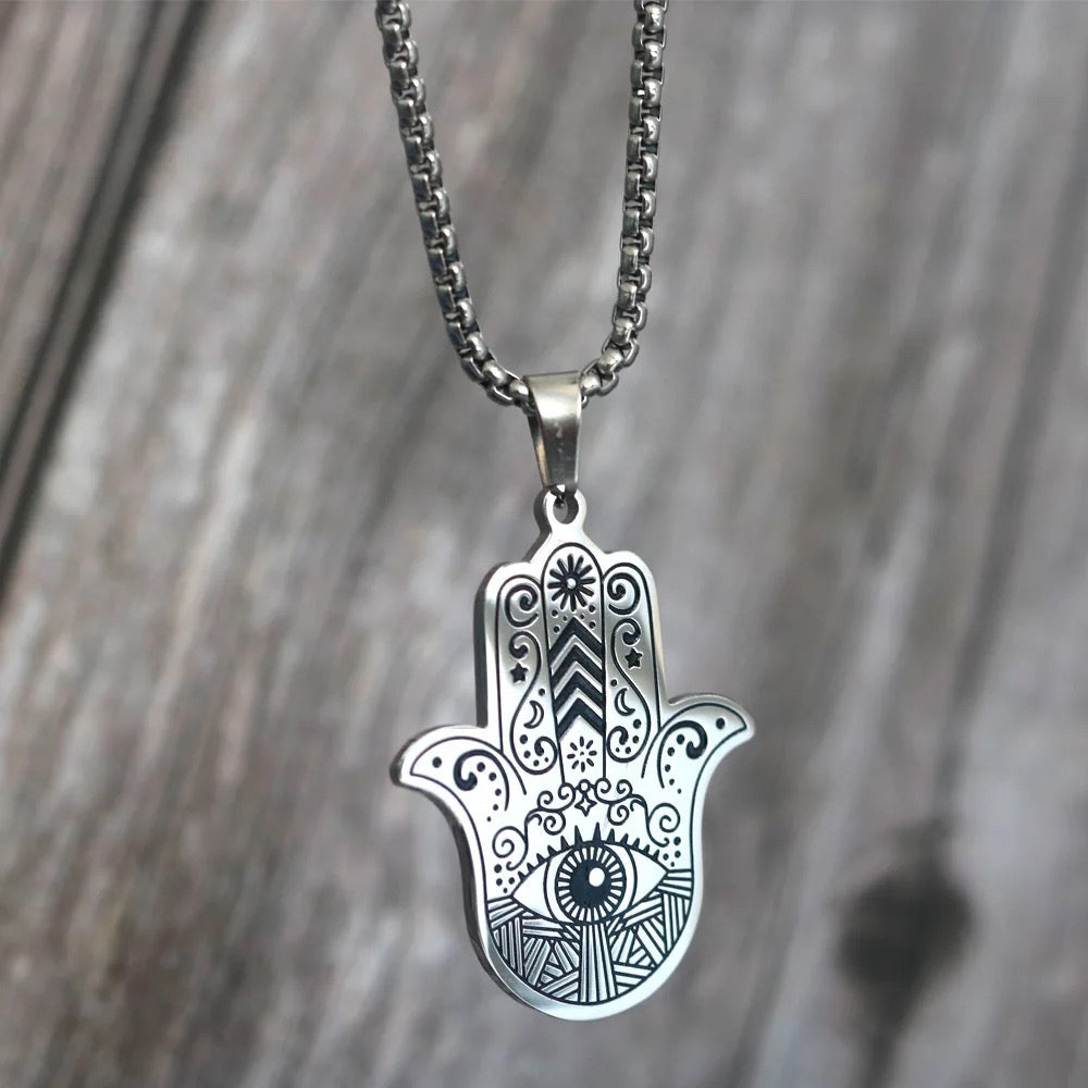 Stainless Steel Evil Eye Hamsa Hand Necklace