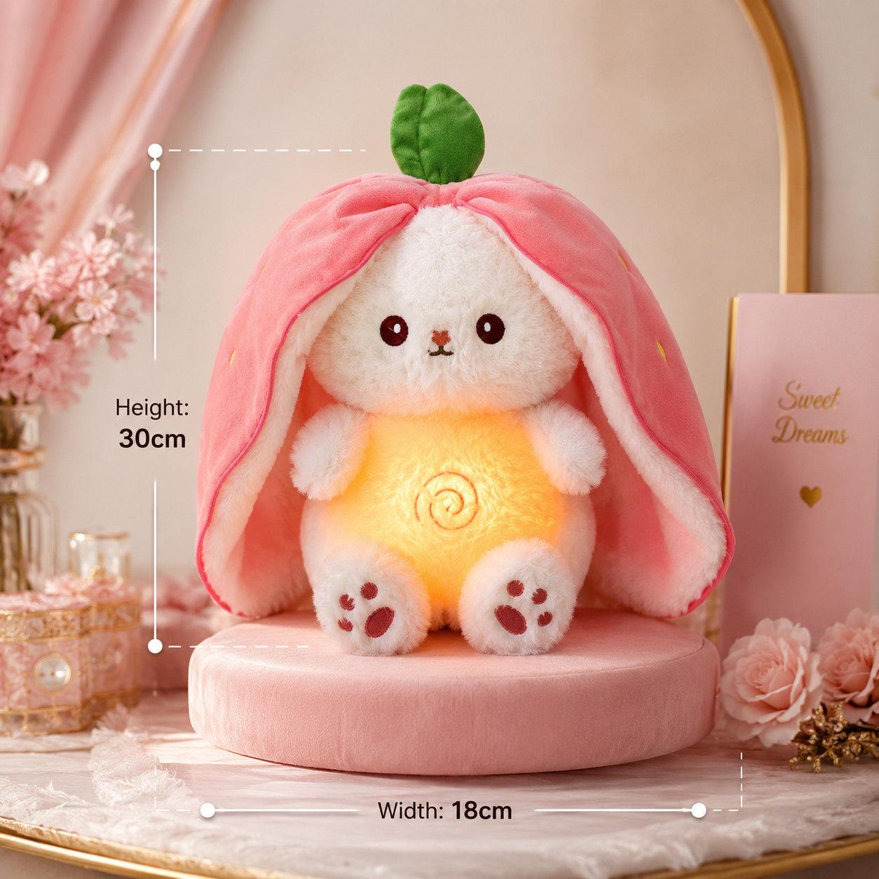 Strawberry Bunny Breathing Plush with Soothing Baby Music