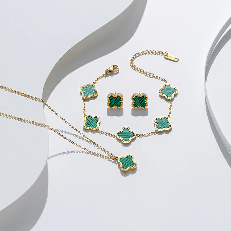 High Quality Stainless Steel Van Cleef Inspired Clover 3pc Set (Jasper Green)