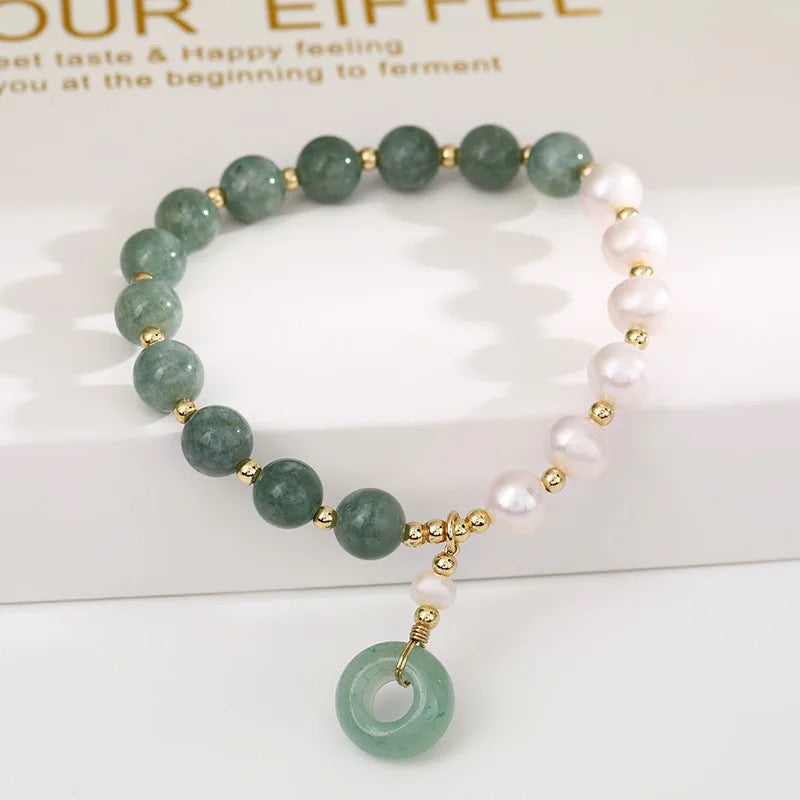 Jade + Fresh Water Pearl Donut Charm Bracelet (8MM)