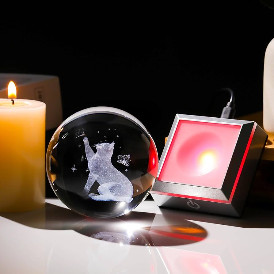 3D Laser Engraved 8cm Glass Crystal Ball Lamp (Cat Playing with Butterfly)