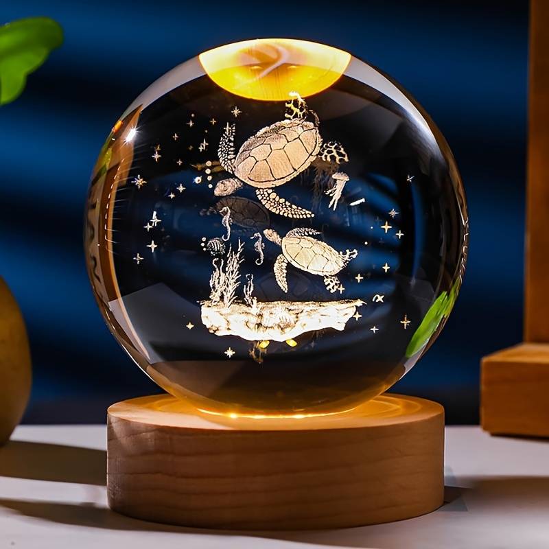 3D Laser Engraved 8cm Glass Crystal Ball Lamp Sea Decor (Sea Turtles)