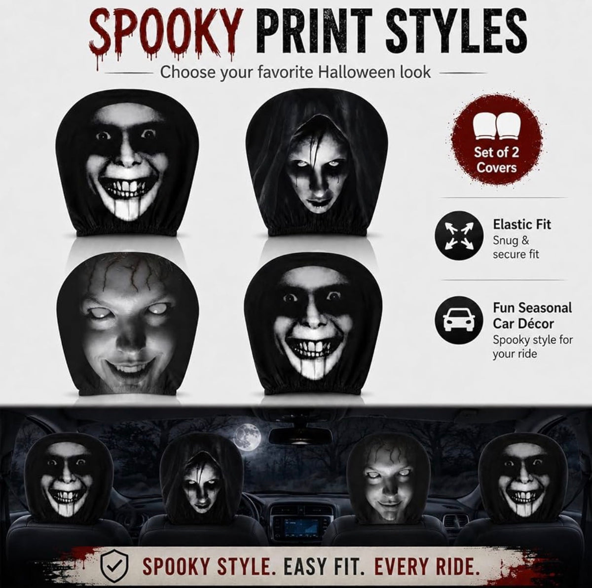 Halloween Scary Face Car Headrest Covers – 2 Piece Set