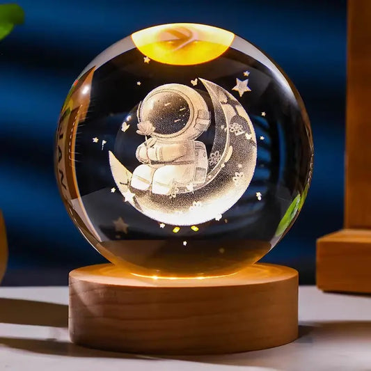 3D Laser Engraved 8cm Glass Crystal Ball Lamp Universe Astronomy Decor (Astronaut on the Moon)