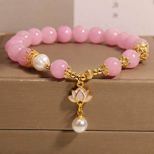 Buddha Stones Pink Jade Pearl Lotus Charm Harmony Bracelet (8mm)