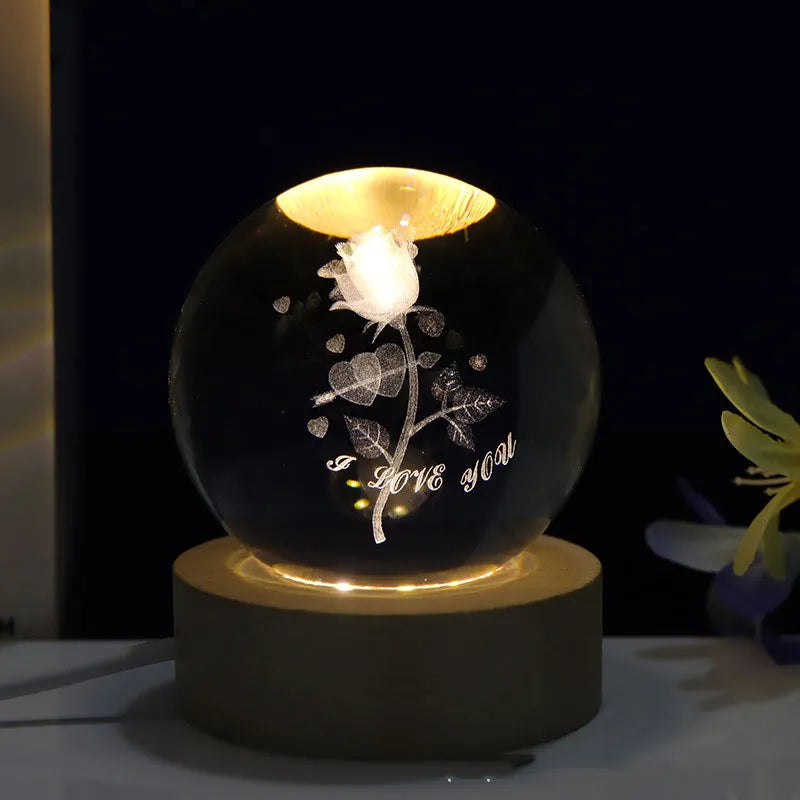 3D Laser Engraved 8cm Glass Crystal Ball Rose Lamp (I Love You)