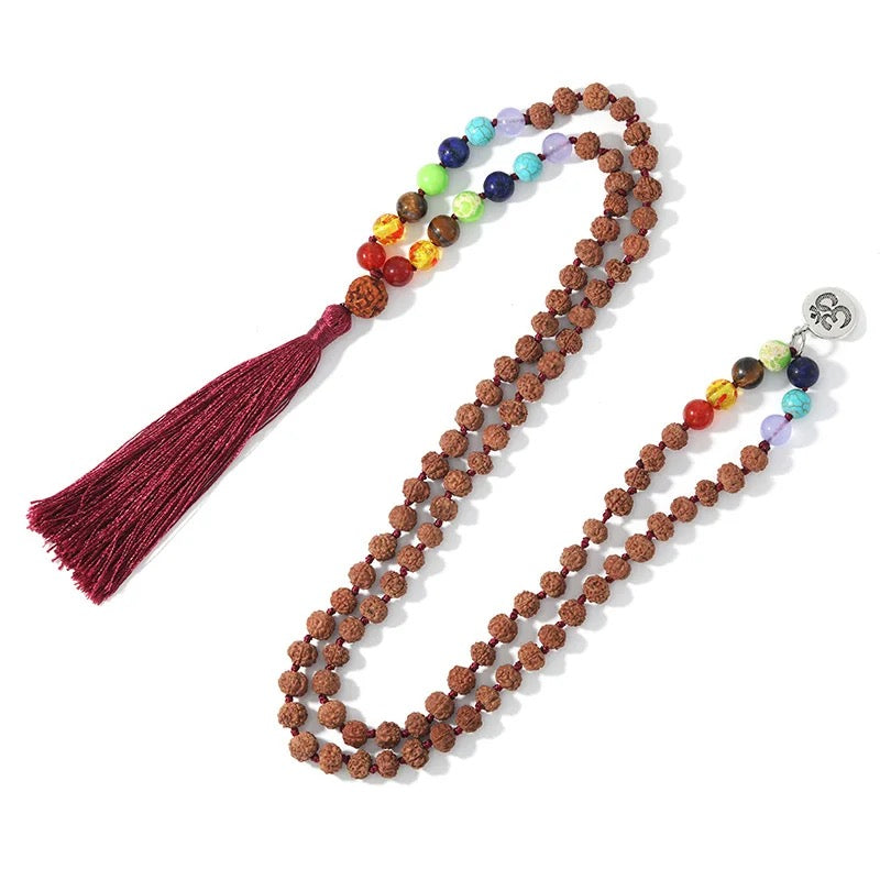 108 Beads Rudraksha 7 Chakra Mala Prayer Necklace + OM Charm