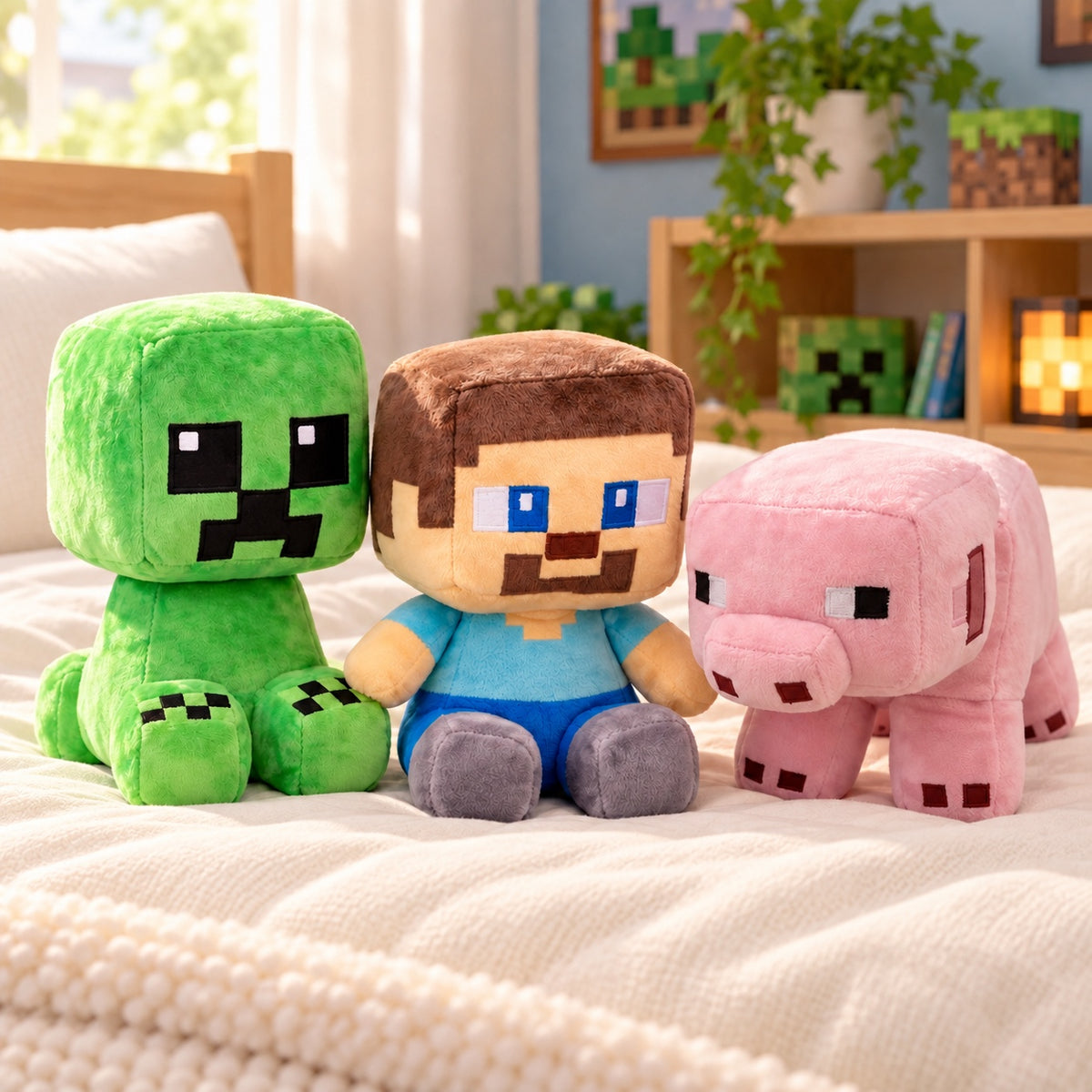 Minecraft themed plush toys featuring a Creeper, Steve and Pig in a cozy bedroom