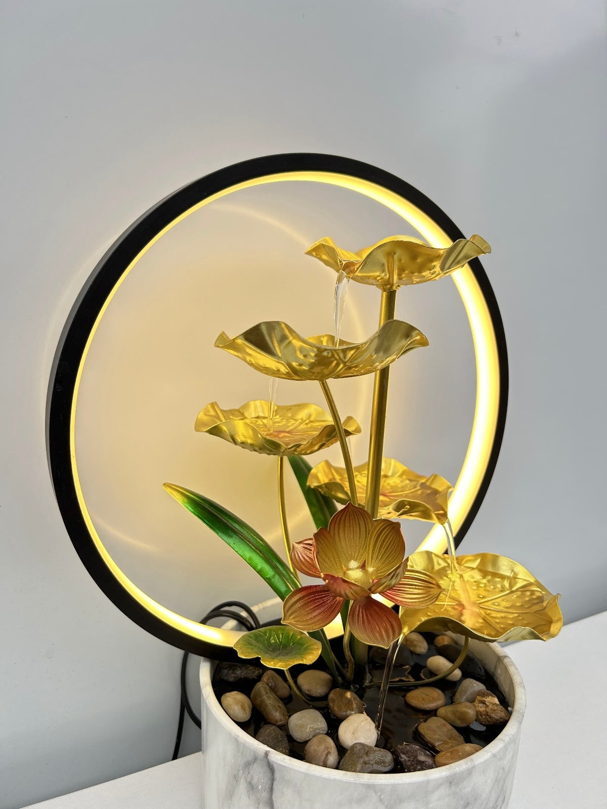 Lotus Leaf Indoor Mini Water Fountain With Ring Light