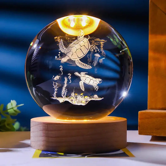 3D Laser Engraved 8cm Glass Crystal Ball Lamp Sea Decor (Sea Turtles)