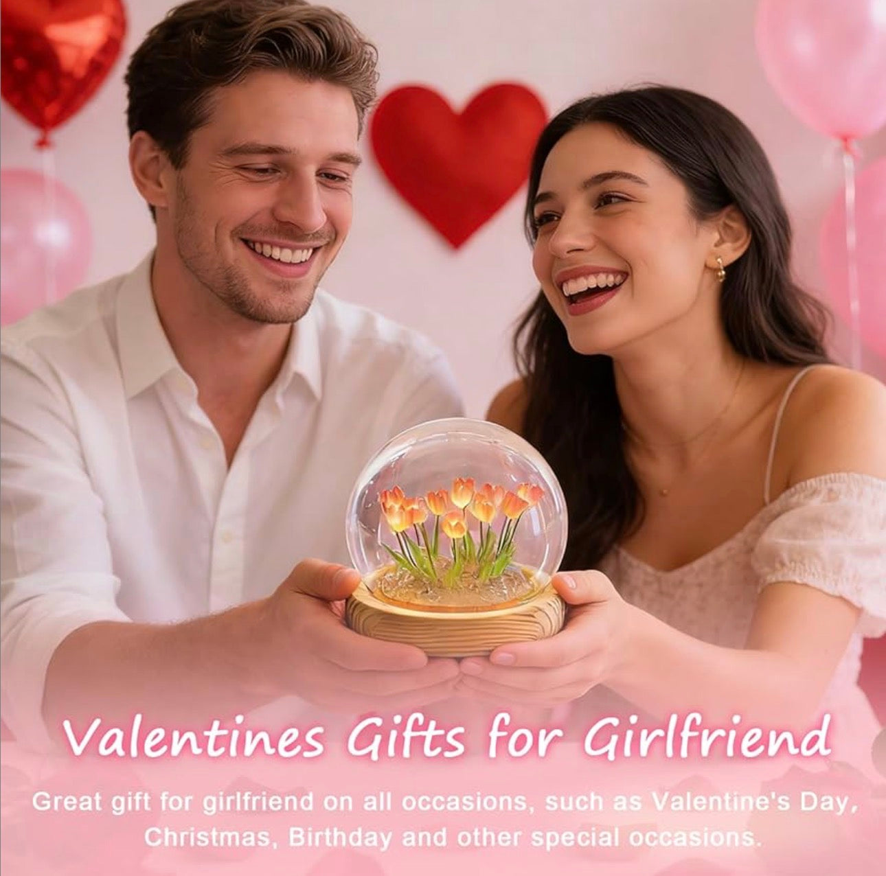 Romantic Tulip Lamp With Wooden Base & Glass Dome - Battery Powered