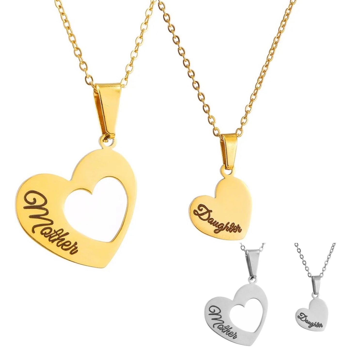 Stainless Steel Mother & Daughter Engraved Heart Necklace 2pc