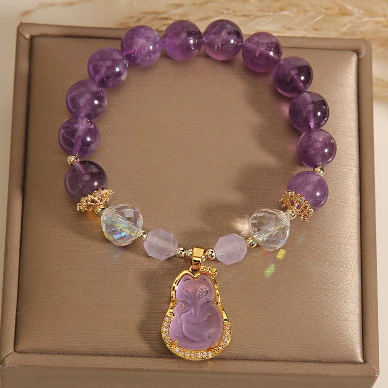 Natural Amethyst Zircon Fox Charm Bracelet (10mm Beads)