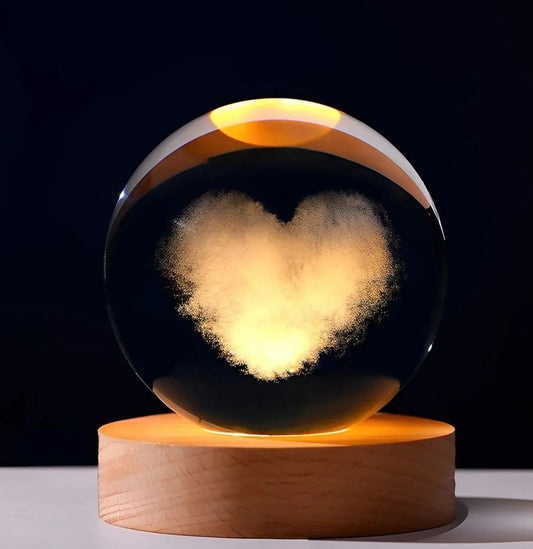 3D Laser Engraved 8cm Glass Crystal Ball Lamp (Heart Cloud)