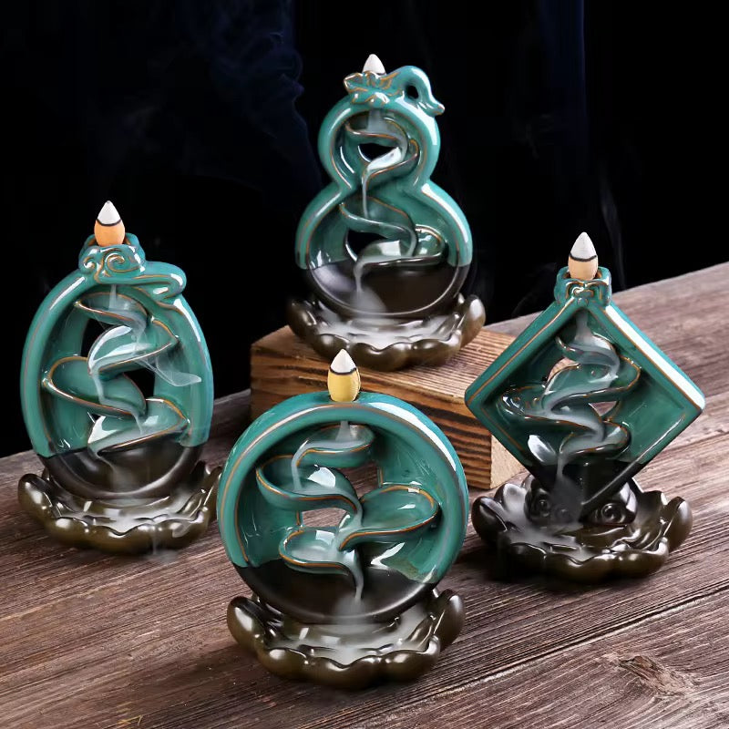 Ceramic Zen Style Chinese Back-Flow Incense Holder + 10 Free Incense Cones