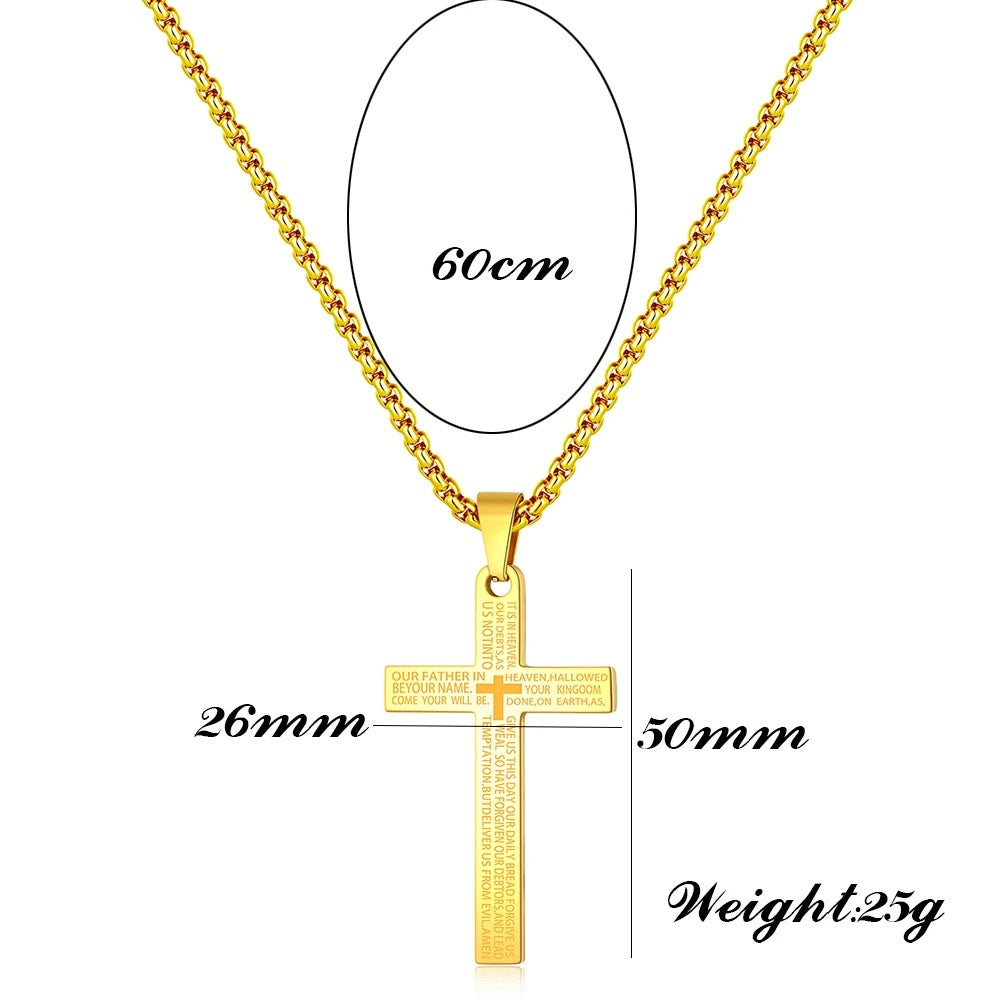 Stainless Steel Christian Cross Necklace With “Our Father Prayer” Engraved